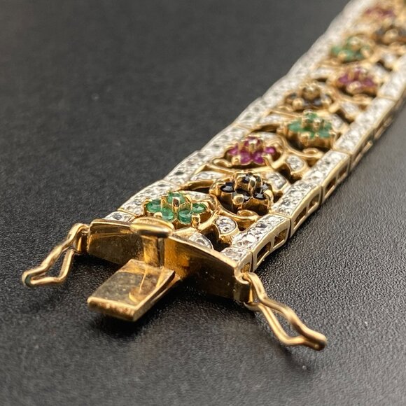 Wheeler Manuf. Sterling Silver Gold Vermeil Ruby Emerald Sapphire 7" Bracelet - Picture 13 of 16